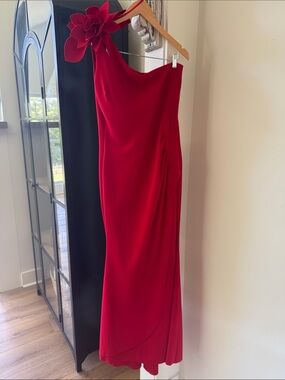 Xscape Red One-Shoulder Evening Gown with Floral Shoulder Accent
